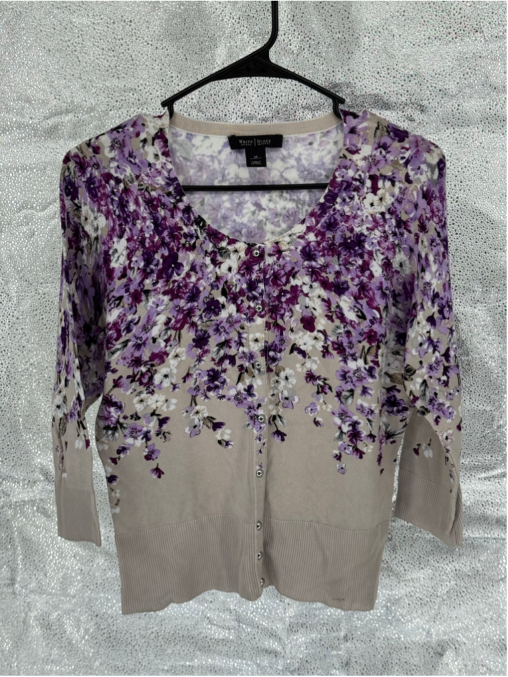 Women's White House Black Market Floral Cardigan Sweater Beige Purple Size M